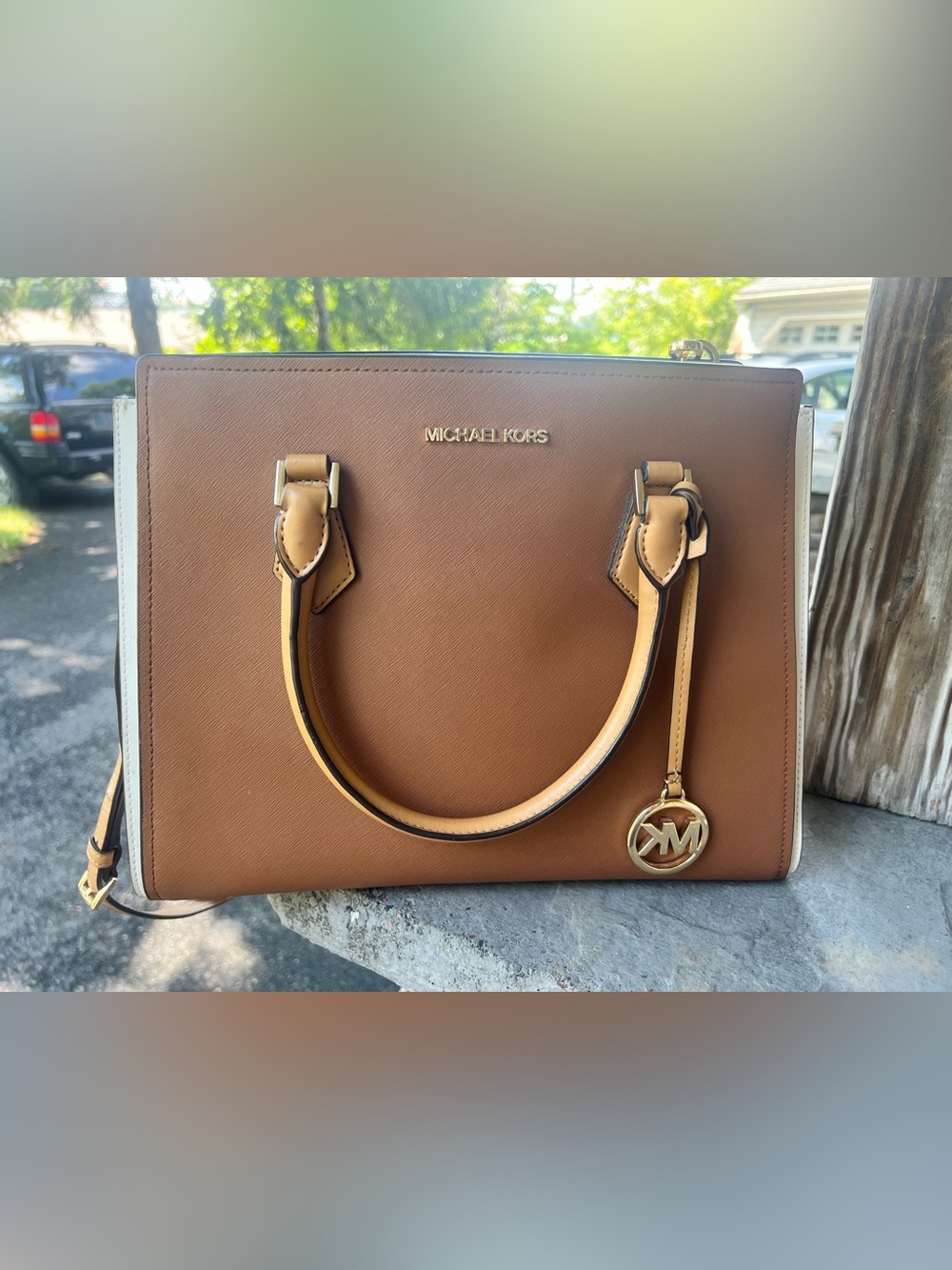 MICHAEL KORS Brown/Tan Saffiano Leather Satchel with Gold Accent